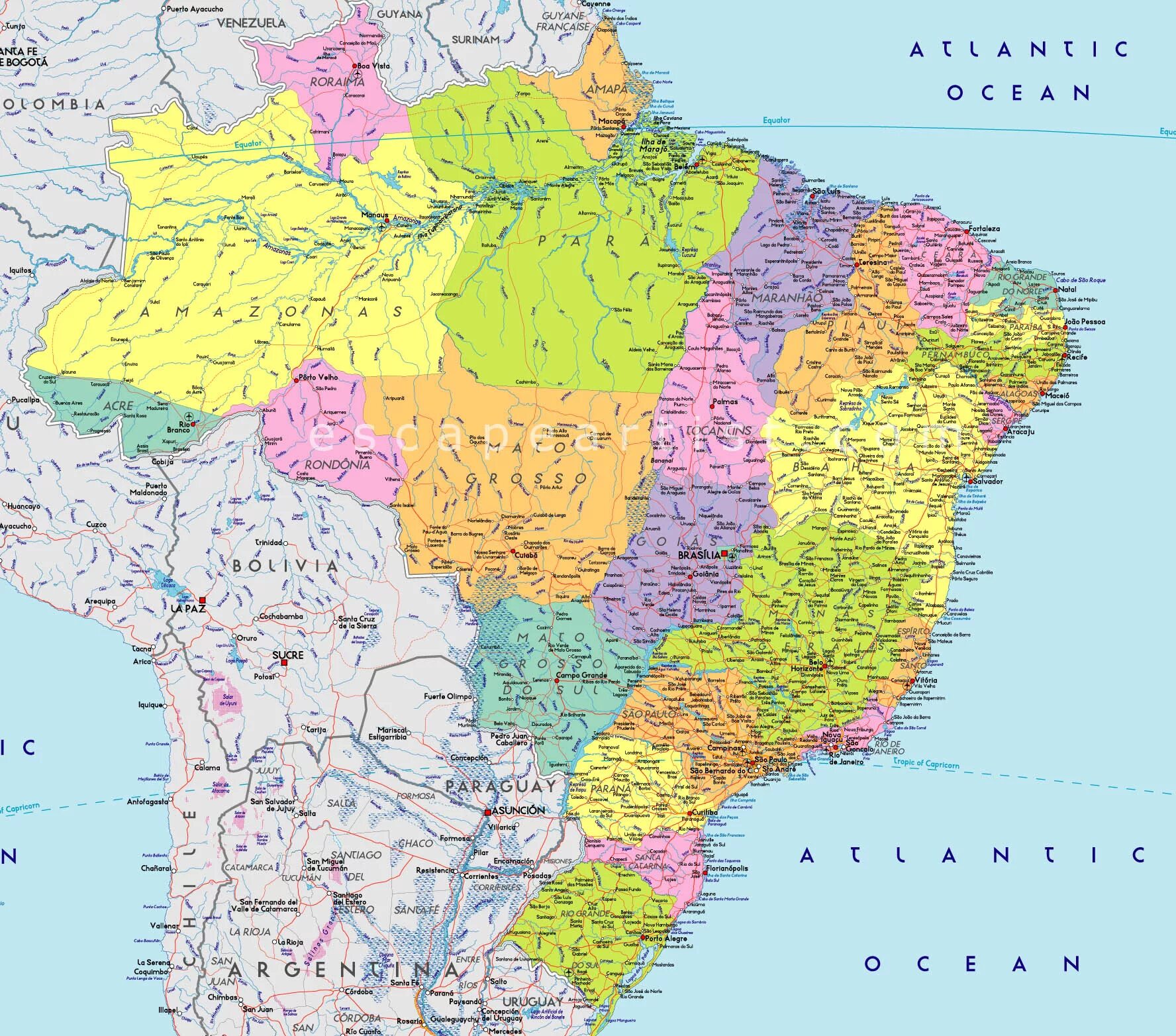 Карта Бразилии географическая. Политико административная карта Бразилии. Административно территориальное деление Бразилии карта.