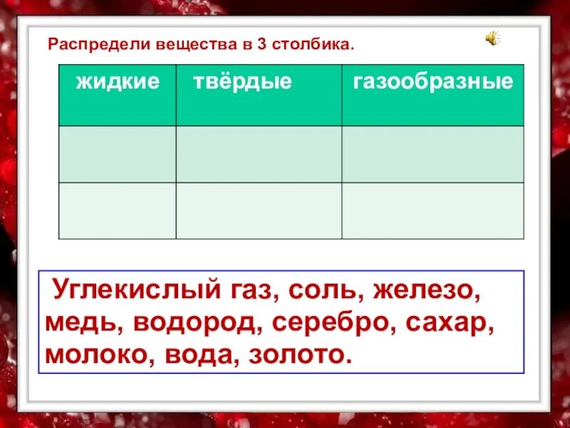 Разнообразие веществ 3 таблица. Углекислый ГАЗ соль железо медь водород серебро молоко вода. Разнообразие веществ. Разнообразие веществ по окружающему миру. Разнообразие веществ 3 класс окружающий мир.