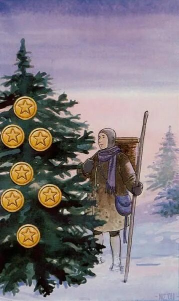 Семерка пентаклей таро уэйта. 7 пентаклей таро уэйта. Семерка денариев таро. 7 пентаклей таро. Пятерка пентаклей в раскладе на отношения.