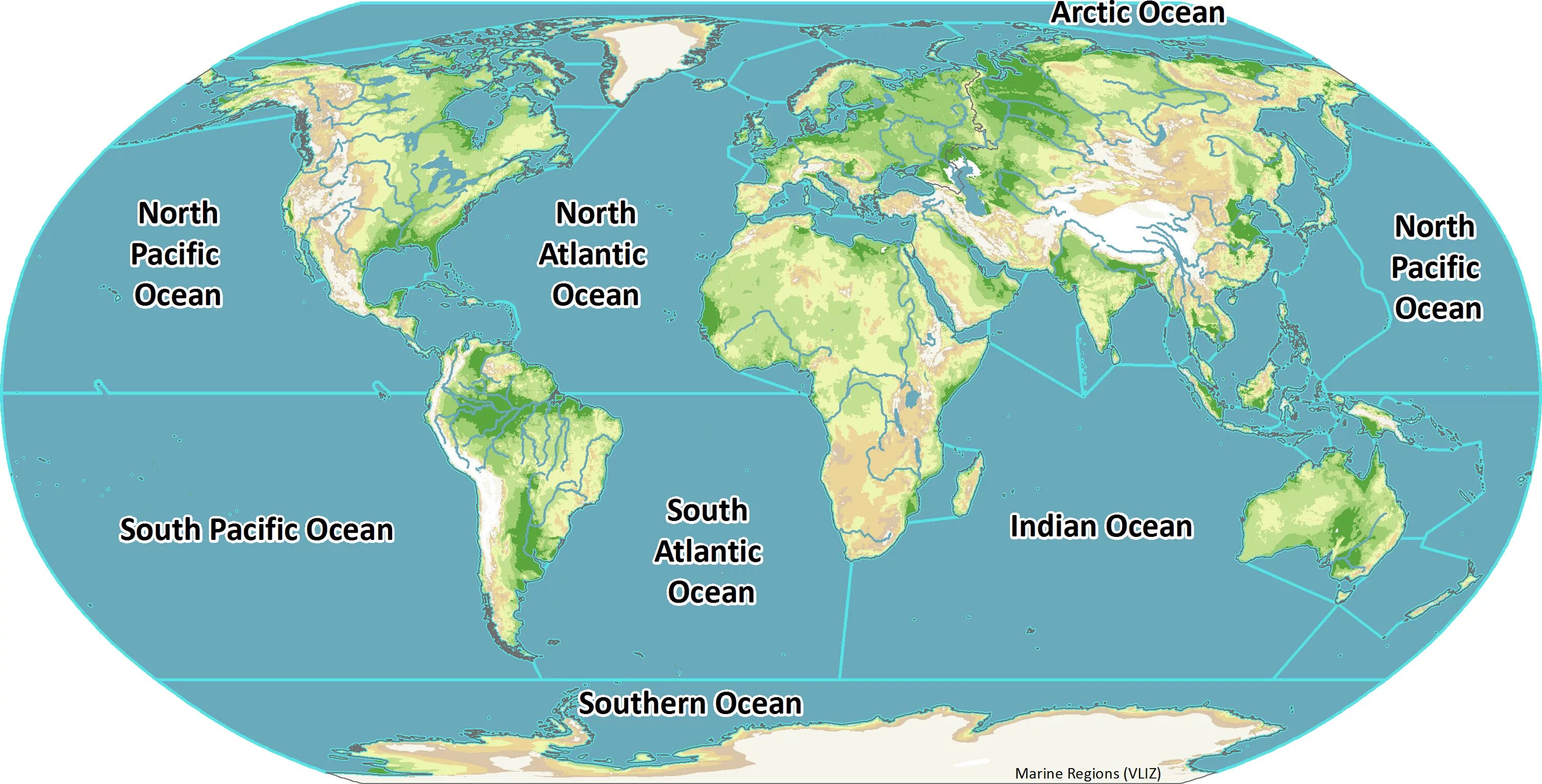 Карта мирового океана. Название океанов. World 10 5