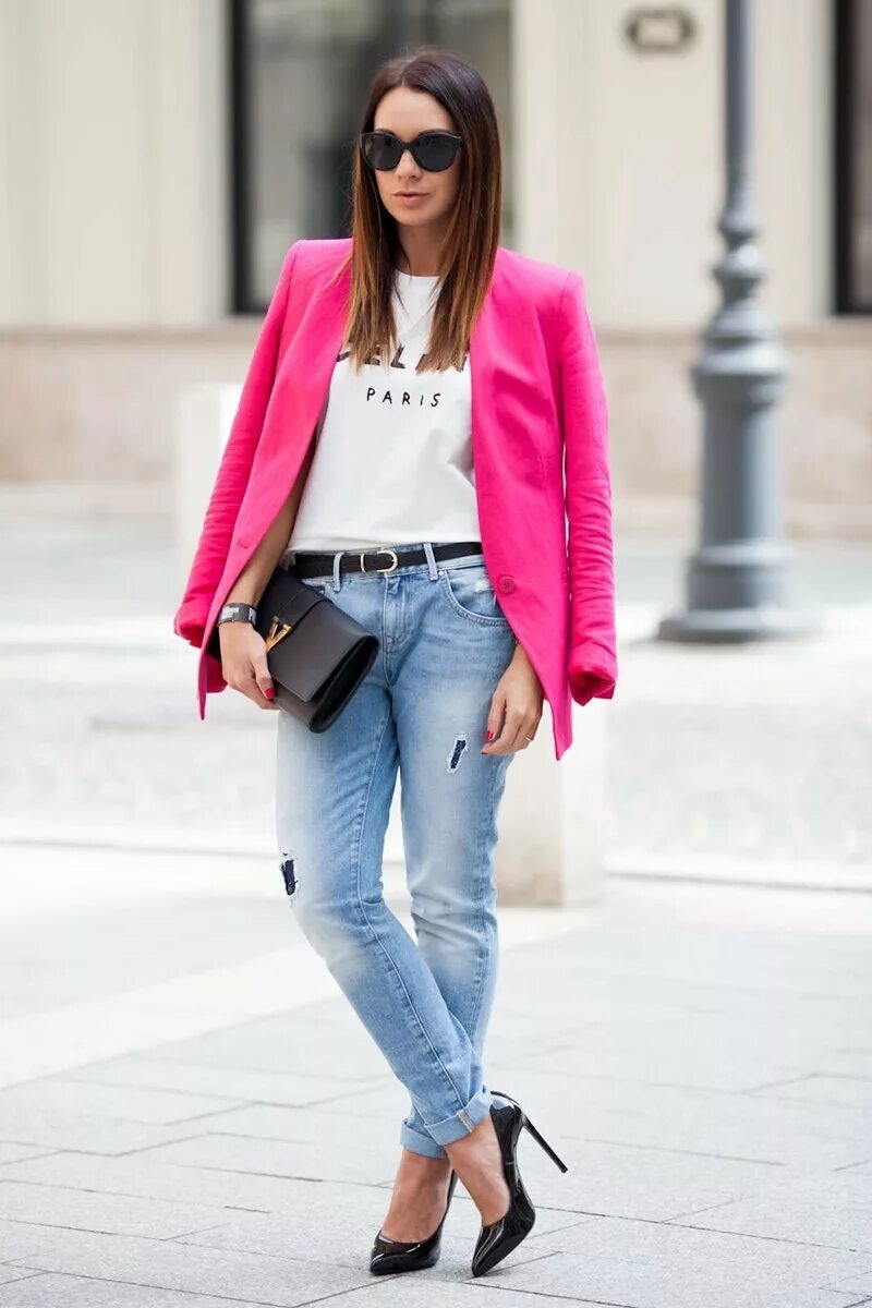 Яркие женские образы. Стильные яркие образы. Розовый пиджак. Образы с розовым пиджако. С чем надеть розовую