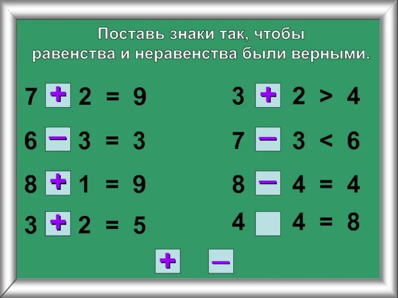 Верная 5 1. Поставь знак + или -. Составление верных равенств и неравенств. Равенства и неравенства задания. Поставить знаки так чтобы равенства были верными.