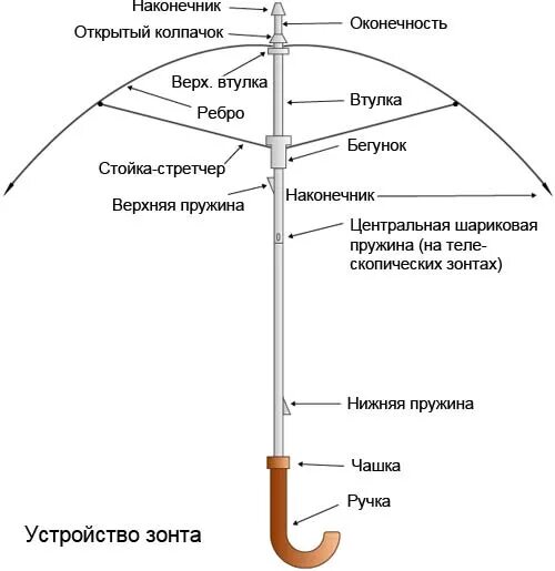 Конструкция зонта полуавтомата схема. Устройство зонта трости полуавтомата схема. Строение зонта. Детали зонта. Строение зонтика