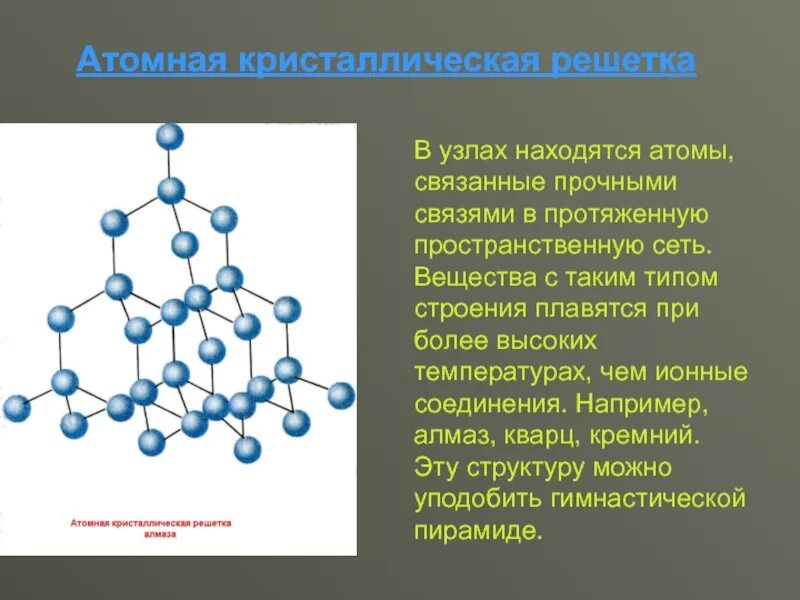 Формула атомной кристаллической решетки. Кристалическая решётка алмаза атомная. Атомно-кристаллическая кристаллическая решетка. Атомная Кристалл кристаллическая решетка. Строение атомной кристаллической решетки.