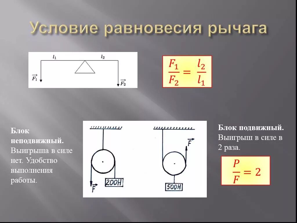 Найди какой выигрыш в силе. Выигрыш в силе рычага. Выигрыш в силе формула. Подвижный блок условие равновесия. Условие равновесия блок (подвижный и неподвижный).