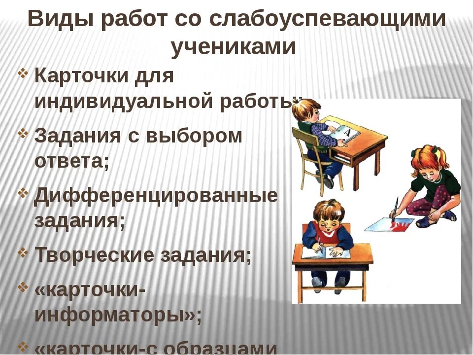 Работа со слабоуспевающими в начальной школе. Работа с неуспевающими детьми. Работа с неуспевающими учащимися. Работа со слабоуспевающими учащимися. Виды работы со слабоуспевающими учащимися.