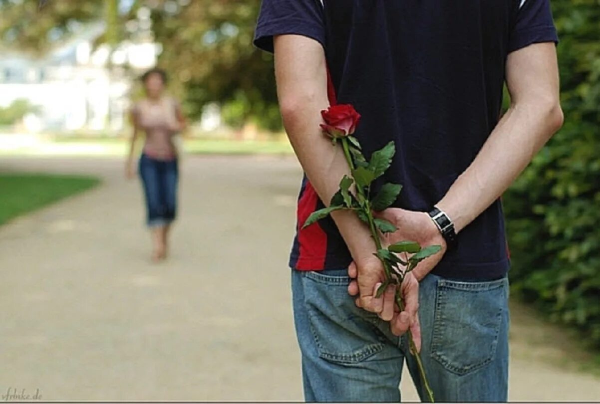 Парень дарит розу на улице. Парень с цветами. Парень дарит девушке цветы. Цветы за спиной.