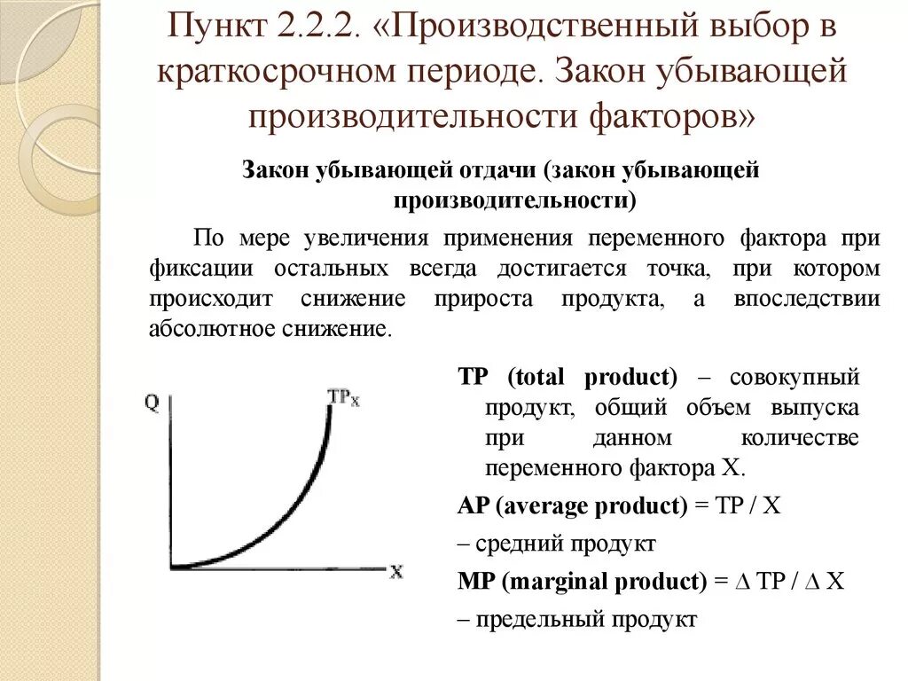 Закон убывающей производительности производства. Производственный выбор в краткосрочном периоде. Закон убывающей отдачи в краткосрочном периоде. Производственная функция фирмы в краткосрочном периоде. Производственная функция в краткосрочном периоде.