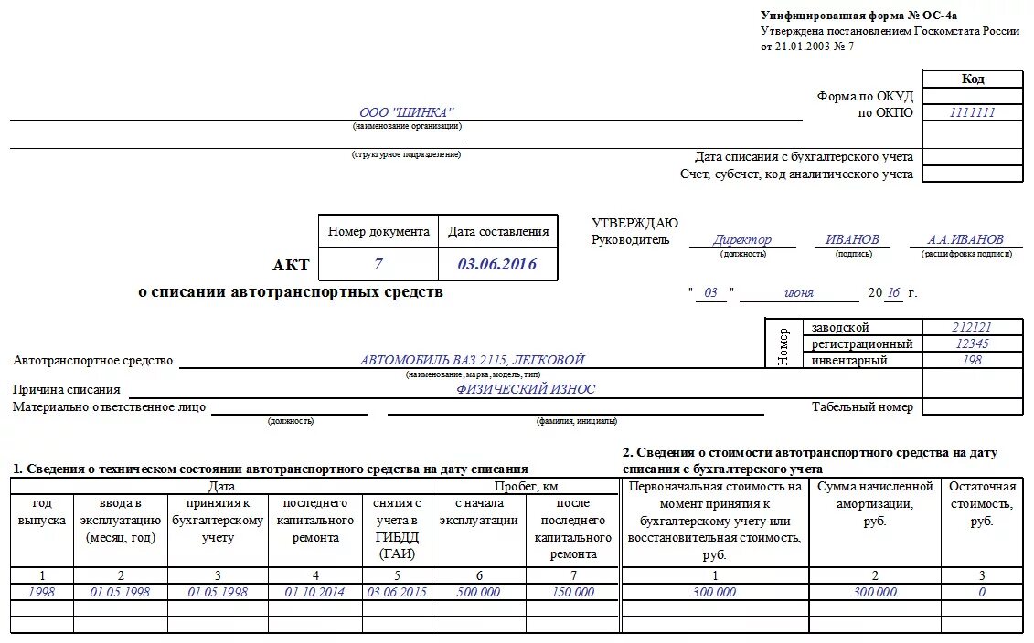 Унифицированная форма первичной учетной документации № ОС-4 "Акт о списании объе
