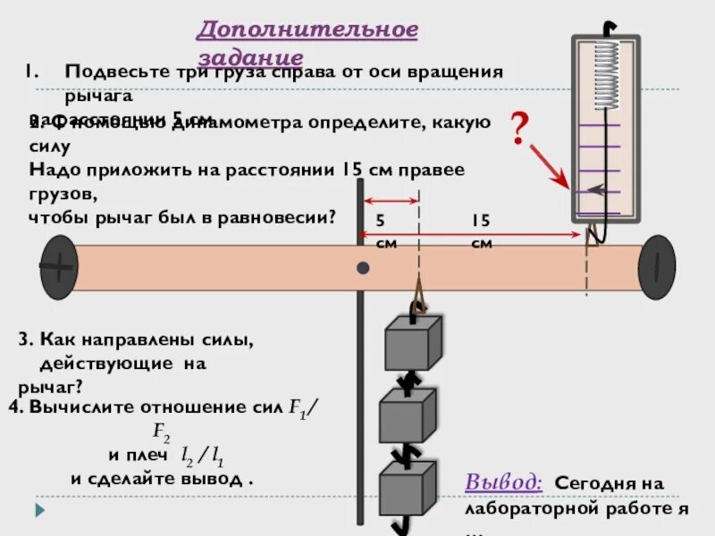 Подвесьте три груза справа от оси. Динамометр лабораторная работа. Подвесьте три груза справа от оси вращения рычага. Динамометр с грузом. Лабораторная работа по физике 7 рычаг