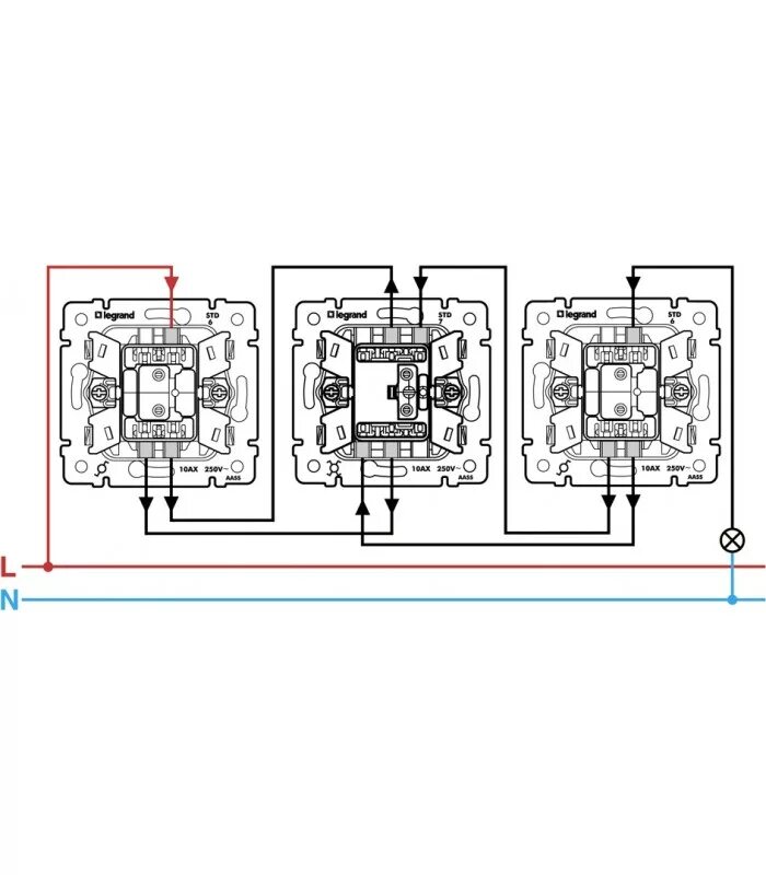 Легран схема проходных. Двухклавишный переключатель legrand valena схема. Схема проходных выключателей 2 клавиши. Проходной переключатель с 3-х мест легранд двухклавишный. Двойной проходной выключатель legrand схема.