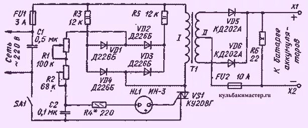 Схема зарядного для авто аккумулятора. Схема тиристорного зарядного устройства для акб. Схемы зу для автомобильного аккумулятора на тиристорах. Зарядное для аккумулятора на симисторе. Схема зарядки аккумулятора на тиристоре ку202н.
