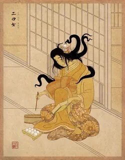 Adobe Portfolio,japanese,woodblock,yokai,monster,Futakuchi-onna,japan,vecto...