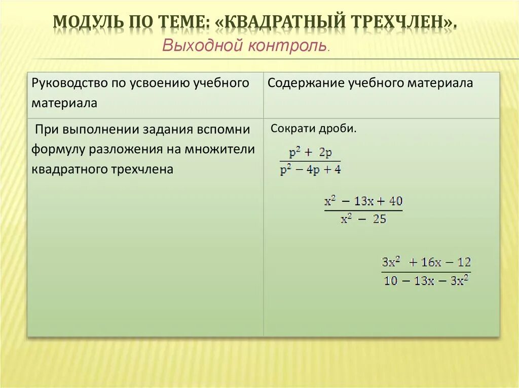 Квадратные трехчлены 9 класс