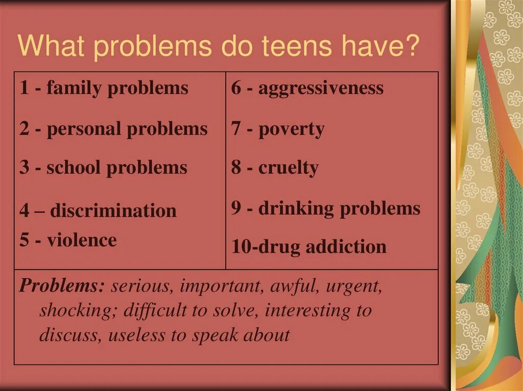 What did the problem be. Teenage problems презентация. Проблемы подростков на английском. Teens problems текст. Семейные проблемы на английском.