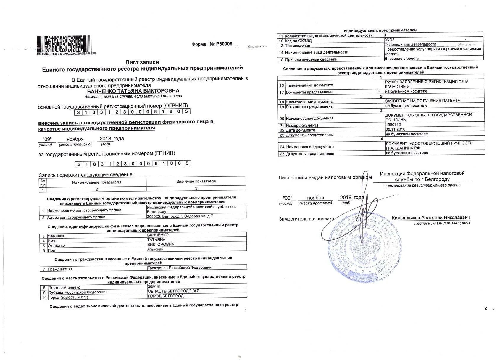 Сведения о регистрации ип