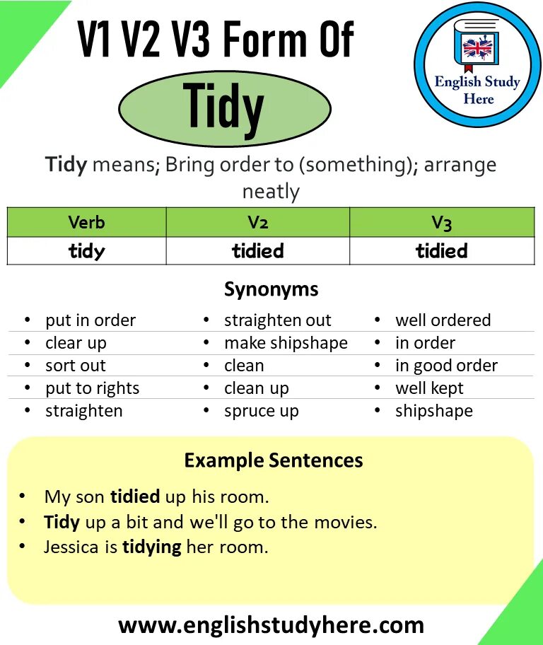 Вторая форма глагола tidy. Tidy past participle. Tidy 3 формы. Tidy в паст Симпл.