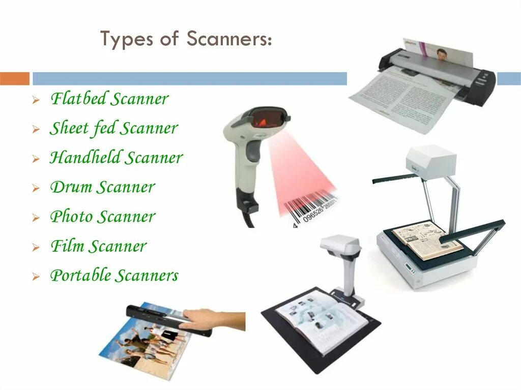 Types of printers. Types of Scanners. Документарный сканер. Одномерный сканер.