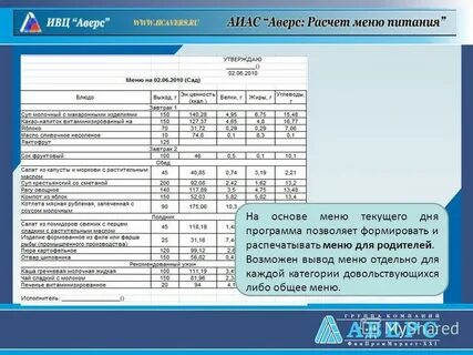 Программы расчета меню