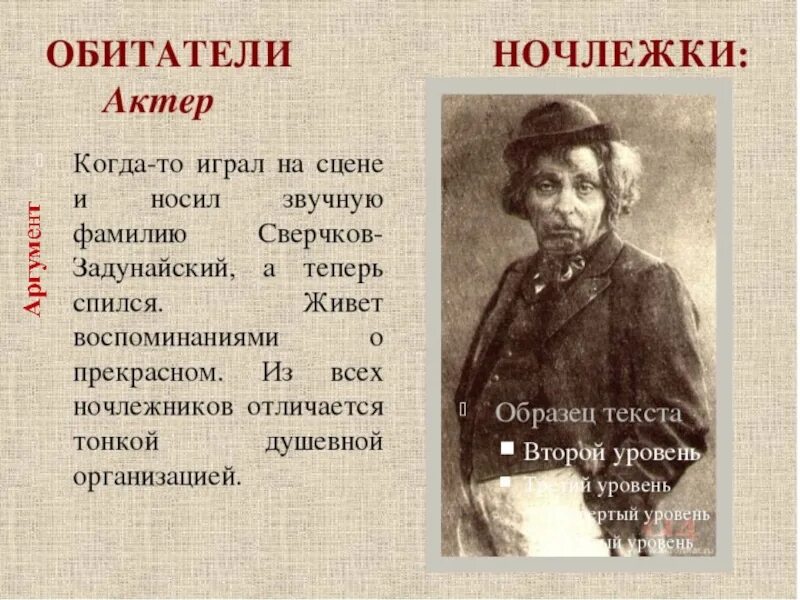 В каких произведениях актер. Актер на дне. На дне: пьеса. Актер на дне характеристика. Актер в пьесе на дне.