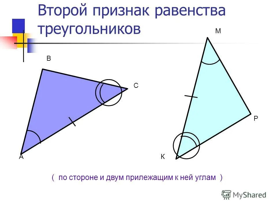Теорема выражающая 1 признак равенства треугольника. Второй признак равенства треугольников. Второй потзгак равенства тоеугольник. 2 Признак равенства треук. Второй признак равенства треугольников 7 класс.