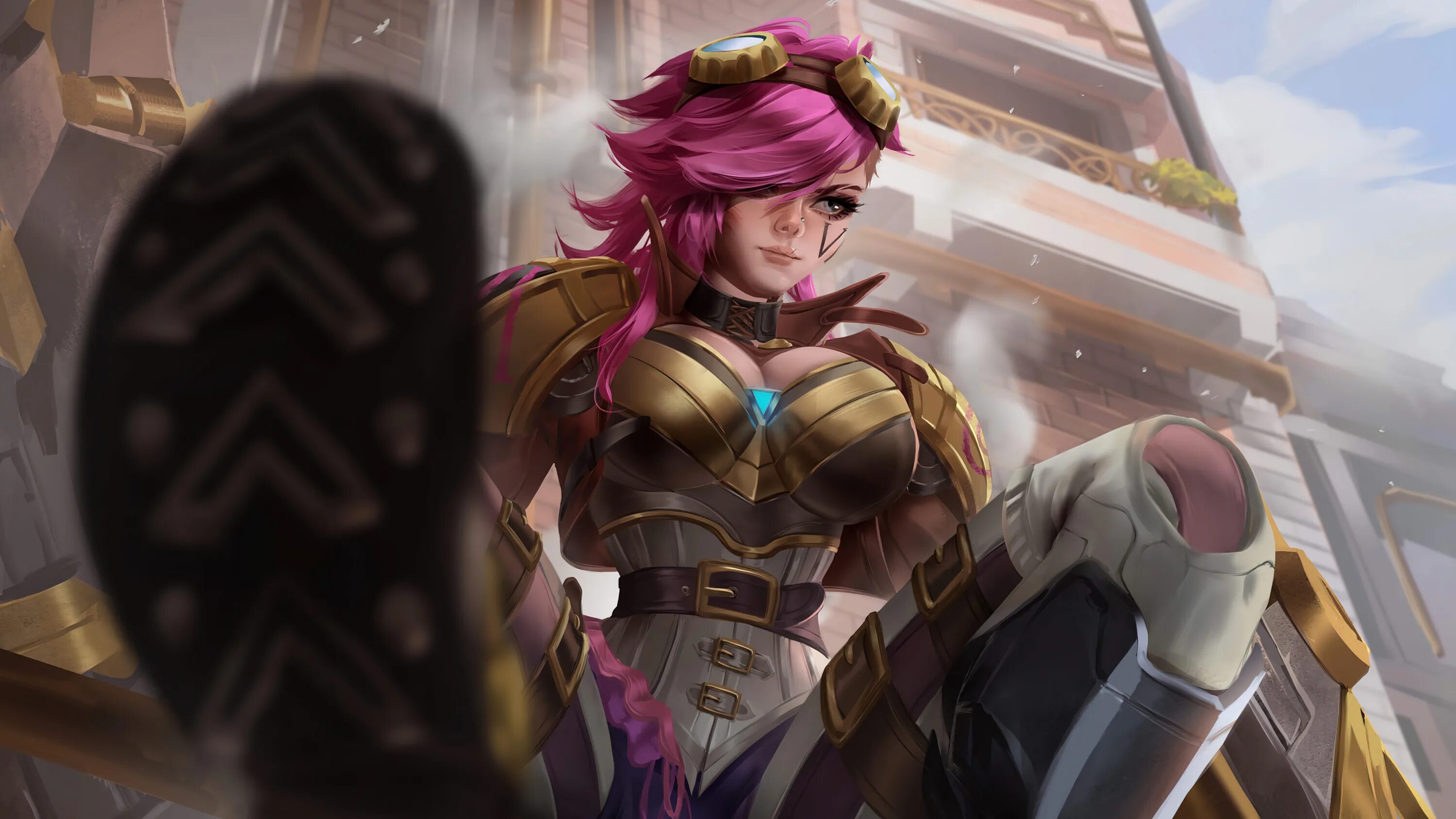 Ви а чемпионс май. Vi lol. Vi lol обои. Лига легенд арты. Vi League of Legends Gantlets.