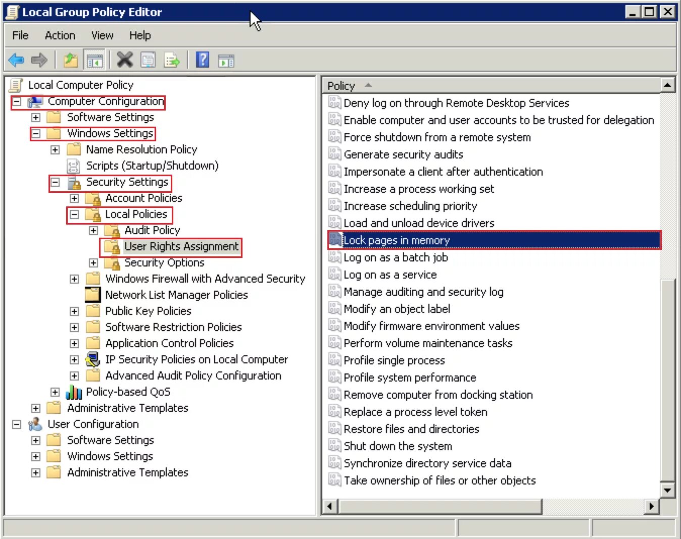 Load policy. Computer configuration. Computer configuration\Windows settings\Security settings\local Policies\user rights Assignment. Configuration\Policy\Windows settings\Security settings\file System. Computer configuration\Policies\Windows settings\Security settings\local Policies\Security options\Network Security.