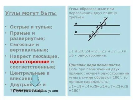 Односторонние углы при параллельных свойства