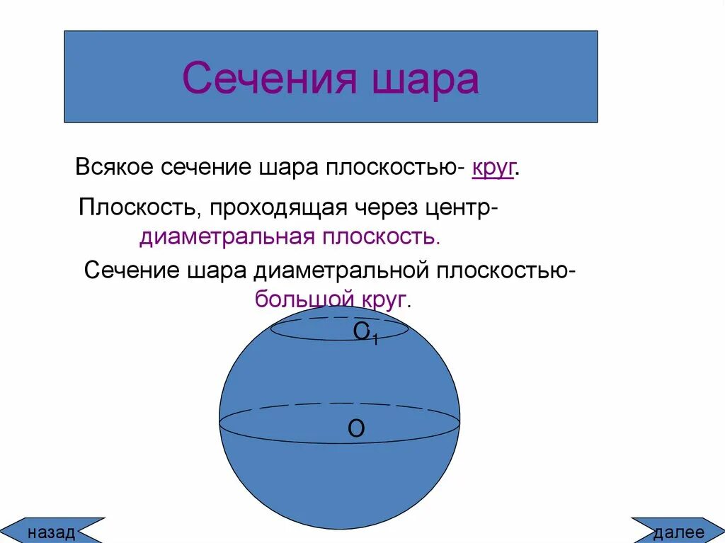 Найти плоскость сечения шара плоскостью. Шар сечение шара плоскостью. Диаметральное сечение шара. Сечение шара диаметральной плоскостью. Сечением шара плоскостью является.