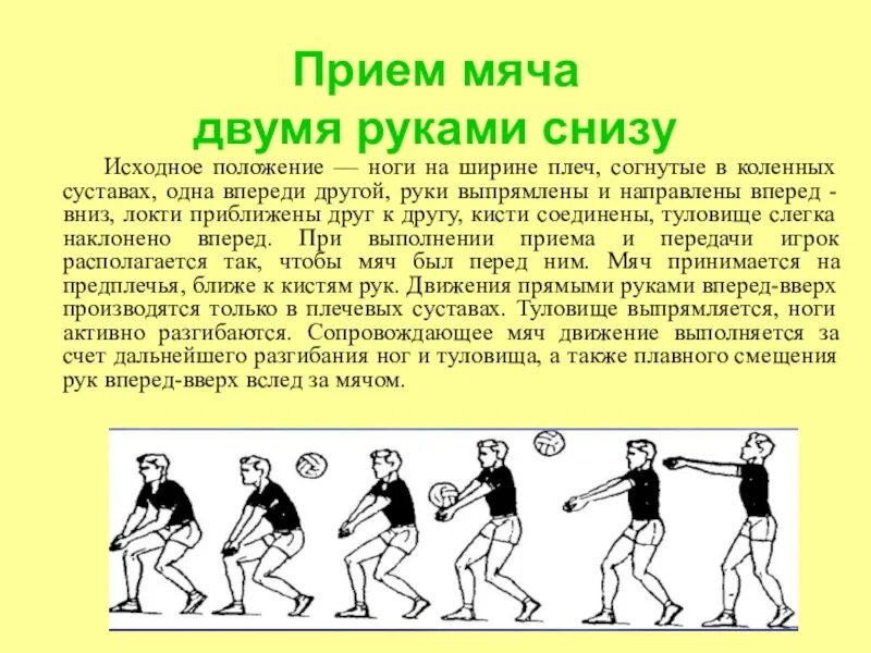 Как правильно принимать в волейболе. Прием мяча снизу в волейболе техника выполнения. Прием мяча снизу двумя руками в волейболе. Приём мяча снизу приём подачи в волейболе. Техника выполнения приема и передачи мяча снизу в волейболе.