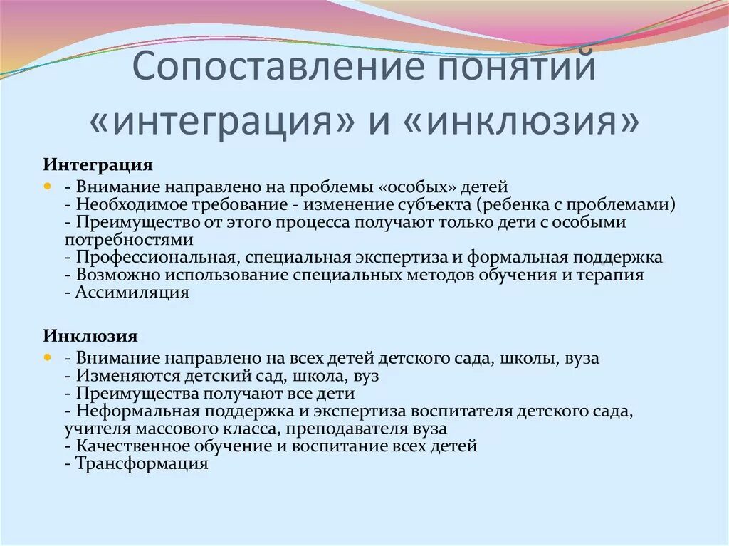 Определение инклюзивного образования. Интеграция и инклюзия. Понятие интеграция и инклюзия. «Понятие «интеграции» и «инклюзивного обучения».. Интегрированное образование и инклюзивное образование.