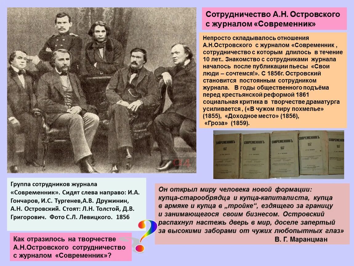 В течение года он познакомился. Группа сотрудников журнала Современник Островский. Островский Современник 1856. Островский с сотрудниками журнала Современник.