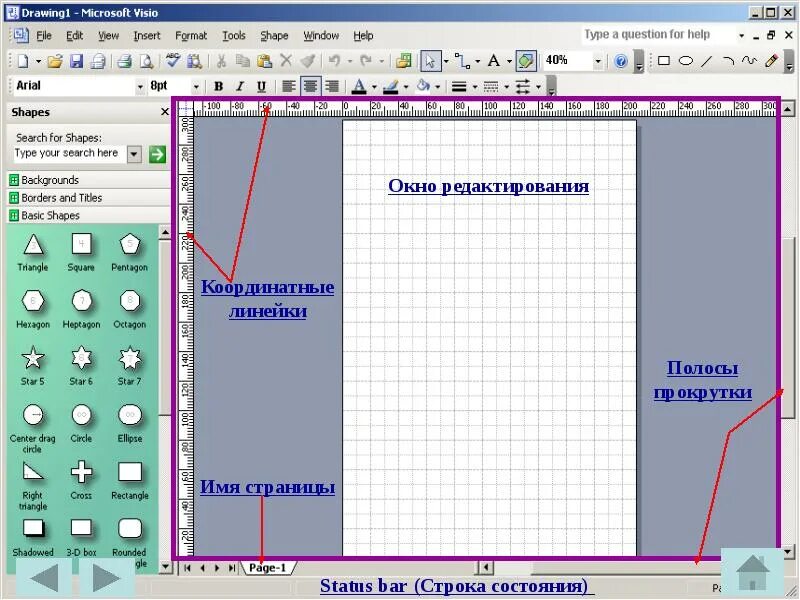 Структура окна powerpoint. Линейка в visio. презентации visio. microsoft visio рабочая область. окна в визио.