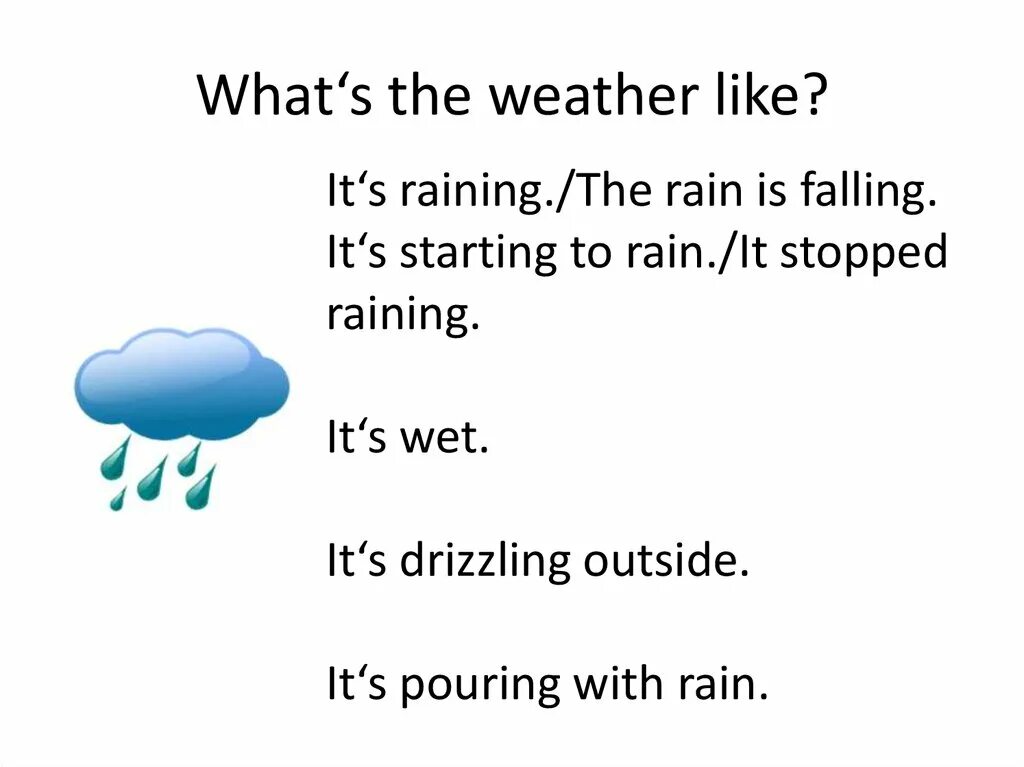 Is it raining ответ. What is the weather. What's the weather like. What is the weather like today. And the weather is raining.