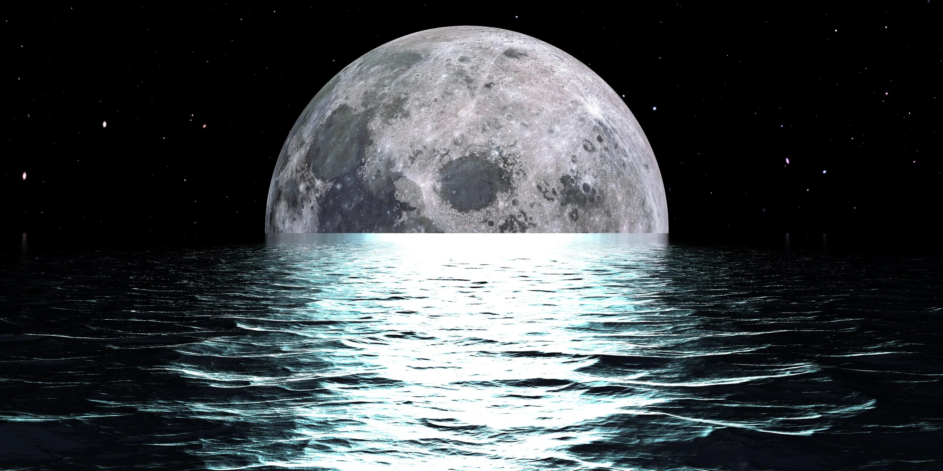 Луна. Отражение Луны. Вода на Луне. Лунный пейзаж.
