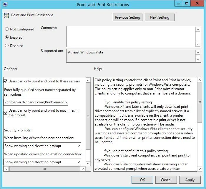 Microsoft enhanced point. Point and print restrictions на русском. only use package point and print group policy. locate and open the print and printer restrictions policy.