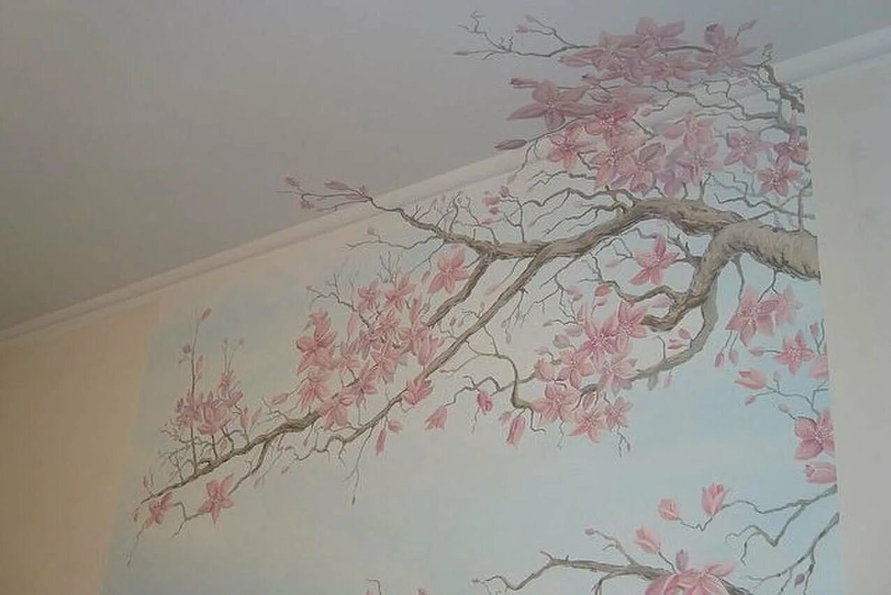 Сакура на стене. Роспись стен в квартире. Ветка Сакуры на стене. Роспись стен Сакура.