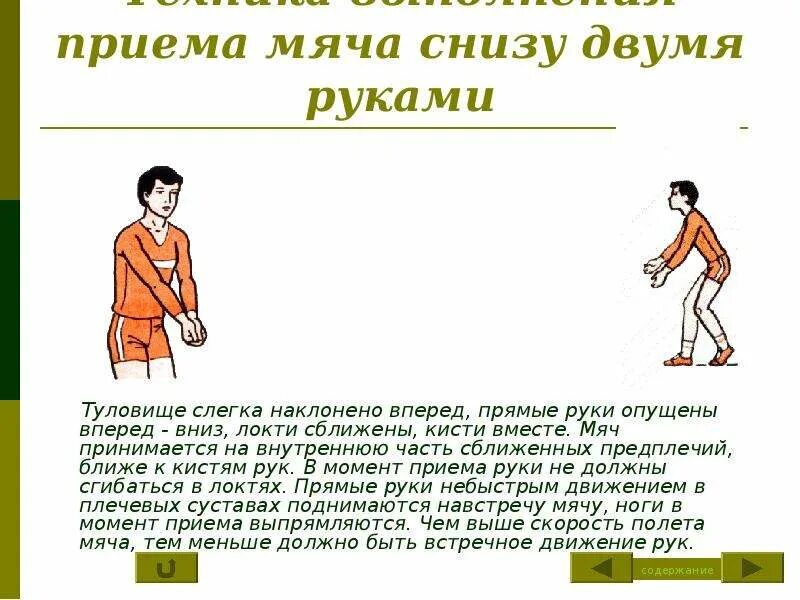 Техника выполнения приема мяча сверху. Приём мяча снизу двумя руками. Техника приема мяча снизу. Прием мяча снизу двумя руками в волейболе. Локтях, туловище слегка наклонено вперёд.