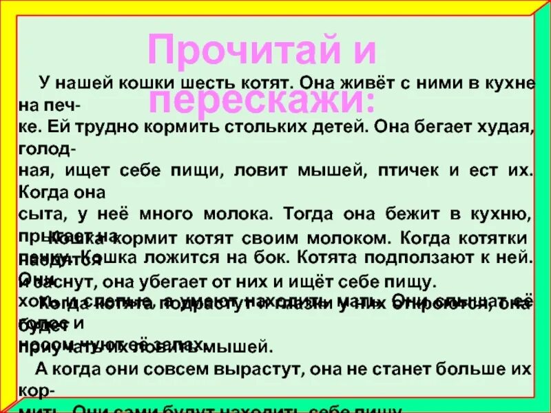 Прочитайте слова котенок. Изложение по русскому языку кошка и котята. Кошка и котята текст для изложения. Текст котенок изложение. Изложение 3 класс у нашей кошки 6 котят.