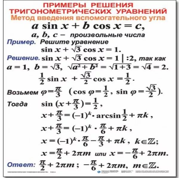 Алгоритм решения тригонометрических. Решение тригонометрических уравнений методом вспомогательного угла. Тригонометрические уравнения Введение вспомогательного угла. Методы решения тригонометрических уравнений примеры. Схема решения тригонометрических уравнений.