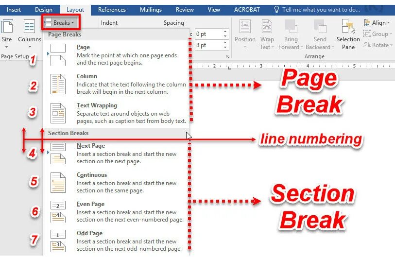 Page layout. Section Break. Section Break Word. Insert Section Break. Line and Page Breaks в Ворде.