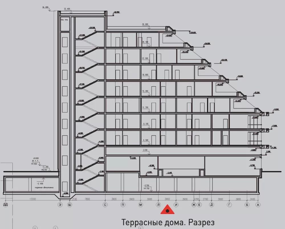 Высота последнего этажа. Разрезы многоэтажных жилых зданий. Разрез многоэтажного здания. Разрез многоэтажного жилого дома. Разрез высотного здания.