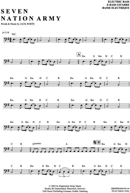 Песня white stripes seven nation army. Seven Nation Army Ноты для бас гитары. Seven Nation Army на бас гитаре. White Stripes Seven Nation Bass Tab. Seven Nation Army табы для гитары.