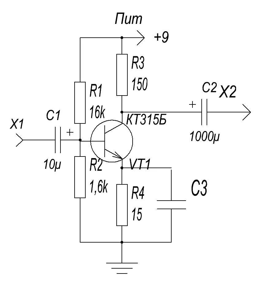 Схема с номиналами. Усилитель звуковой частоты на одном транзисторе схема. Схема простого усилителя на транзисторах кт315. Усилитель низкой частоты на транзисторах кт315. Схема усилителя низкой частоты на кт 315.