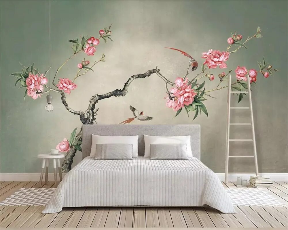 Фотообои beibehang. Фотообои в спальню. Роспись стен в японском стиле. Цветы на стене.