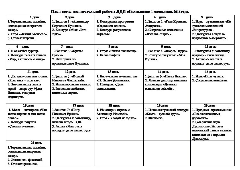 Виды перспективного планирования мероприятия в летнем лагере. План сетка лагерной смены на 21. План сетка вожатого в лагере. Пример план сетки в лагерь. План-сетка отряда в детском лагере.