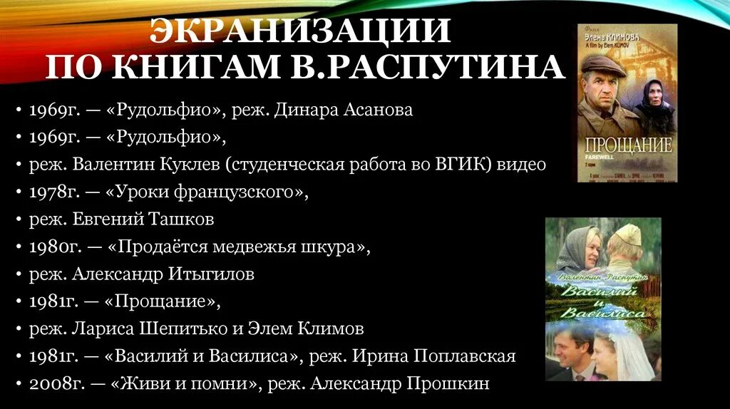 В г распутин написал произведения. Распутин произведения. Экранизация книг. Произведения в г Распутина. Распутин презентация.