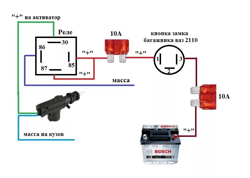 Подключение активатора. Схема подключения электрозамка багажника ВАЗ 2107. Замок багажника 2114 схема. Схема подключения кнопки открывания багажника ВАЗ 2109. Схема подключения замка багажника ВАЗ 2115.