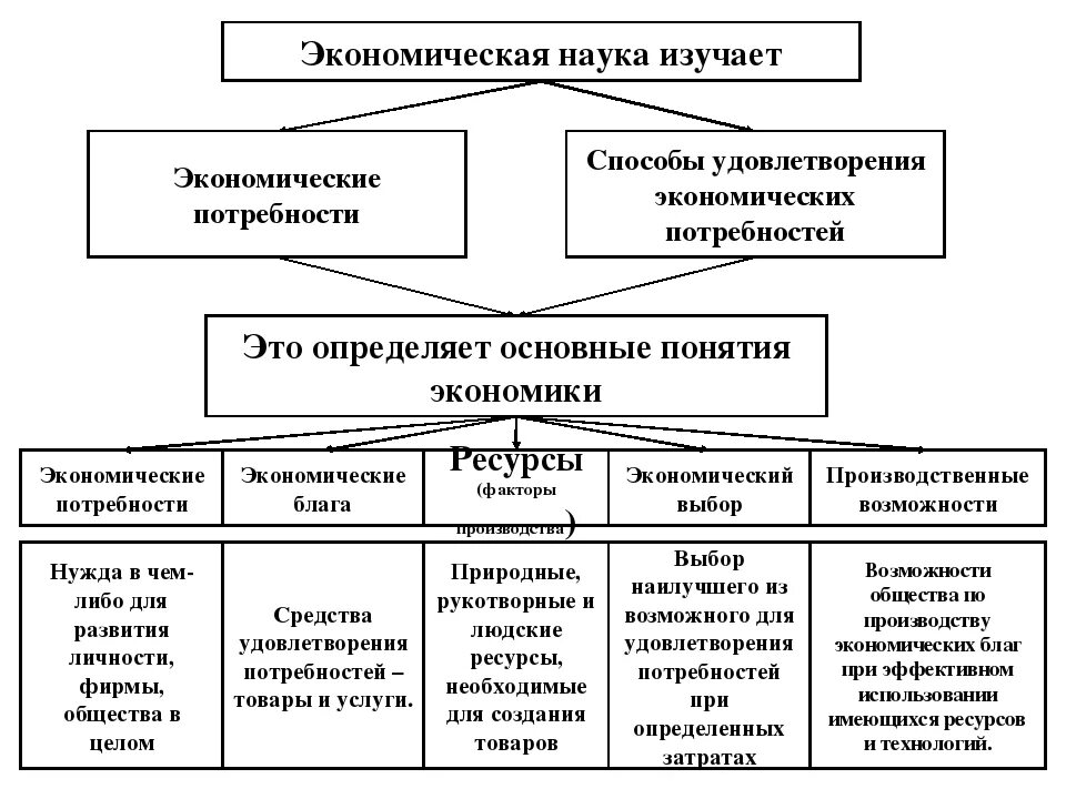 Понятие экономической науки и экономики. Схема экономические потребности блага и ресурсы. Основные понятия экономической науки. Что изучает экономическая наука.