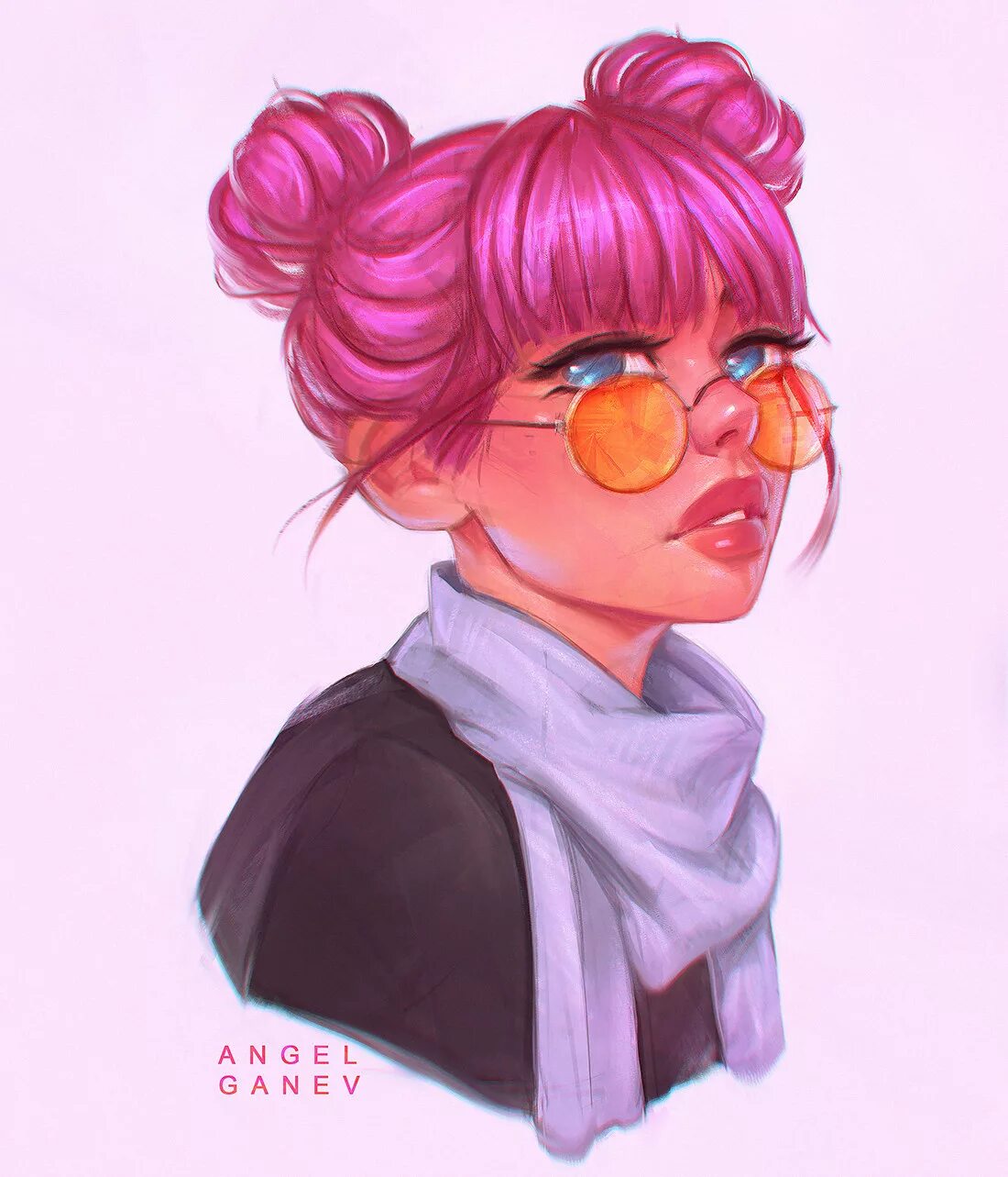 Angel Ganev арт. Девушка с пучком на голове арт. Девушка в очках розовые волосы арт. Розовые волосы в очках